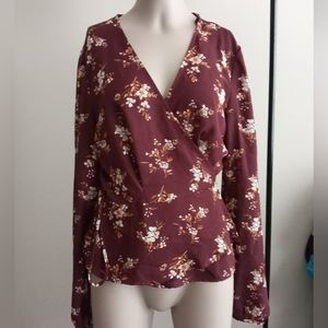 Forever 21 long sleeve floral print wrap blouse size large